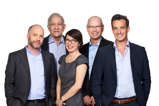 בתמונה מימין: השותפים בקרן ISF ג׳וש שיר, דרור גלס, אווה הובשמן, שמואל שילה וניר ליצ׳בסקי. קרדיט: צילום שי גבריאלי
